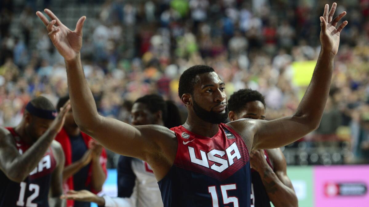 U.S. center Andre Drummond celebrates the team's quarterfinal victory over Slovenia at the Basketball World Cup on Tuesday.