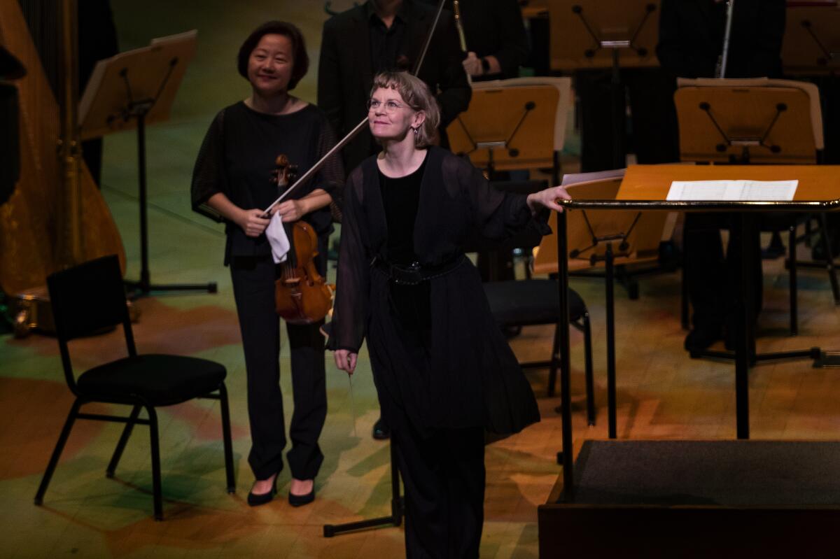 Conductor Susanna Mälkki onstage at the Walt Disney Concert Hall. 