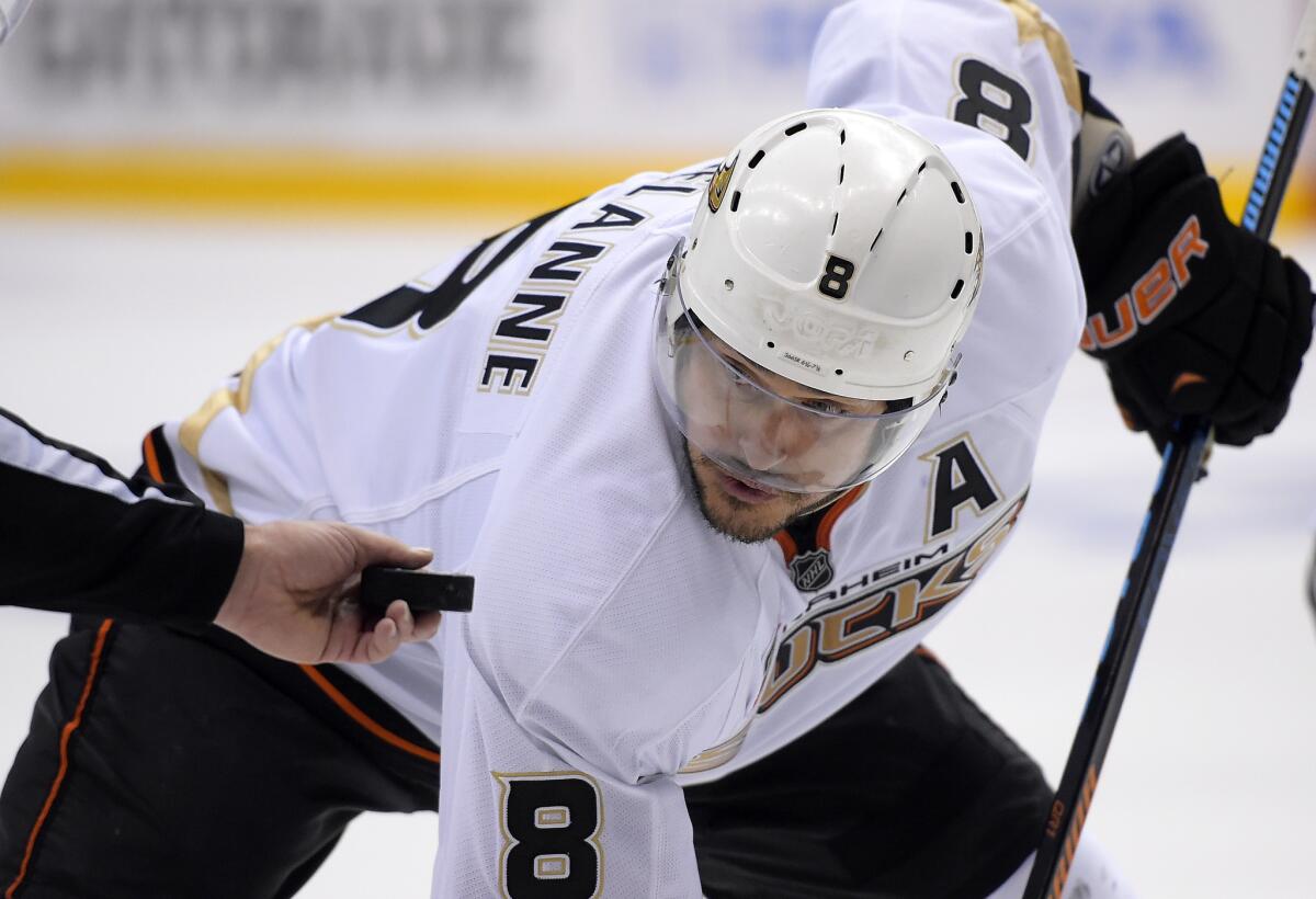 Teemu Selanne waits for the puck to drop in a faceoff during Game 3 of the Ducks' second-round playoff series against the Kings.