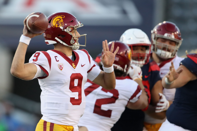 USC quarterback Kedon Slovis throws a pass during the second half against Arizona on Nov. 14, 2020, in Tucson, Arizona.