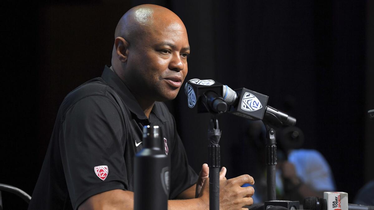 Stanford coach David Shaw addresses the media Thursday in Los Angeles.