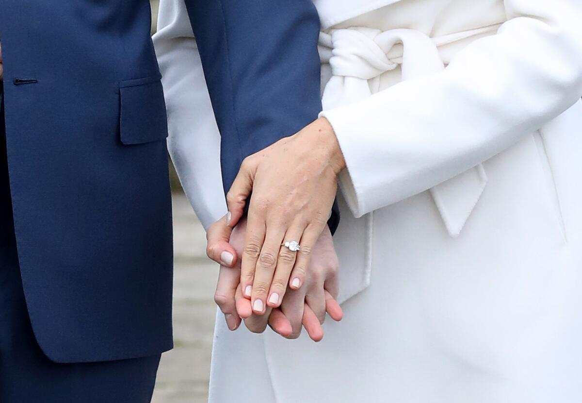 A closeup of Meghan Markle's engagement ring.