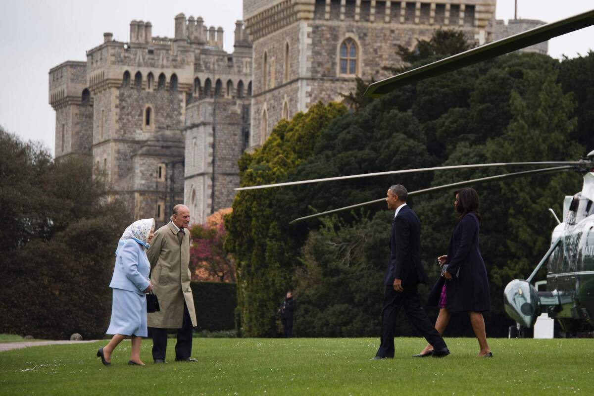 Queen Elizabeth II and Prince Philip greet President Obama and Michelle Obama outside Windsor Castle on April 22.