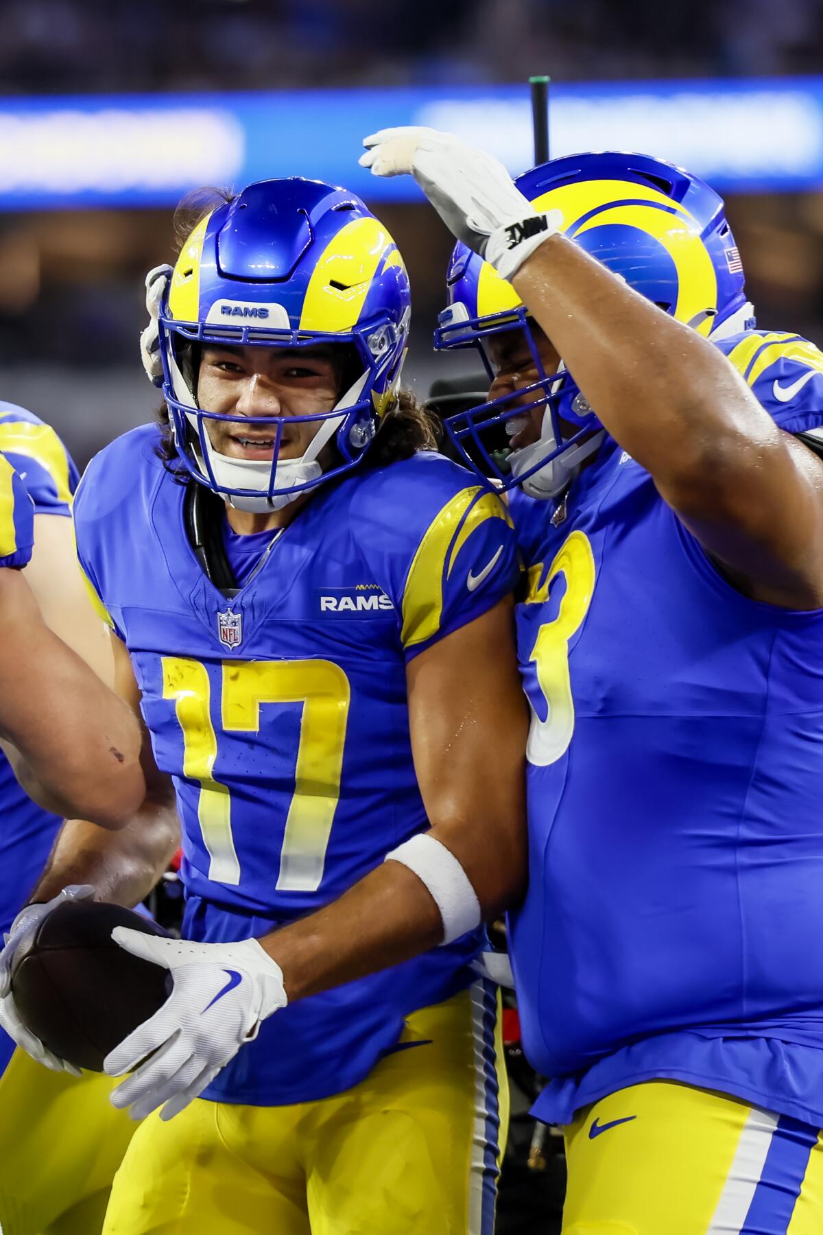  Los Angles Rams wide receiver Puka Nacua (17) celebrates a touchdown.