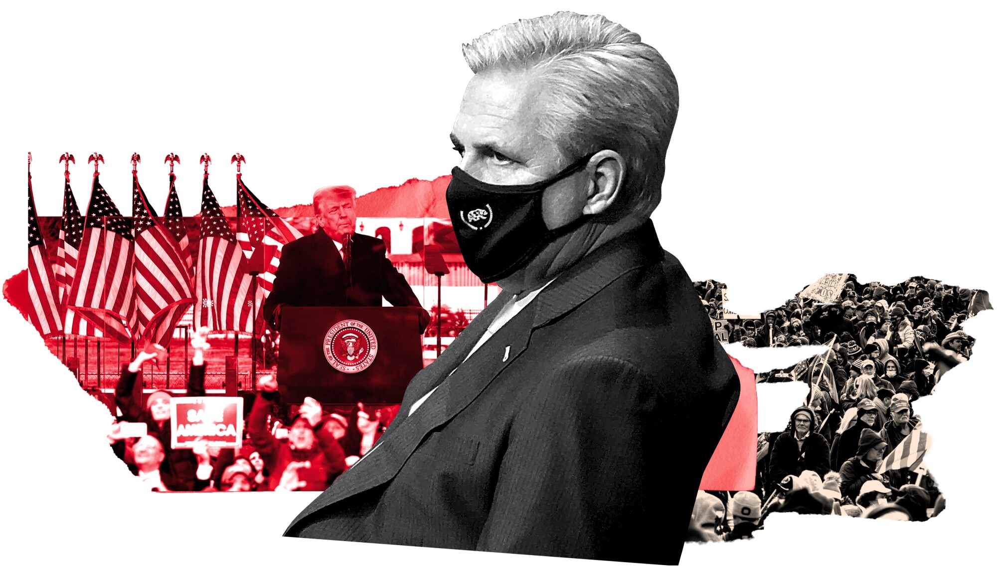 Photo collage illustration of Kevin McCarthy and Trump rally on January 6th.