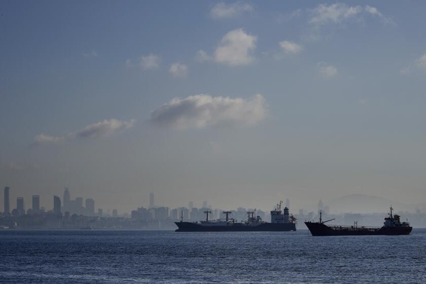Cargo ships anchored in the Marmara Sea await to cross the Bosphorus Straits in Istanbul, Turkey, Tuesday, Nov. 1, 2022. Turkey's defense minister urged Russia to "reconsider" its decision to suspend the implementation of the U.N. and Turkish-brokered grain deal in a telephone call Monday with his Russian counterpart, Sergei Shoigu. (AP Photo/Khalil Hamra)