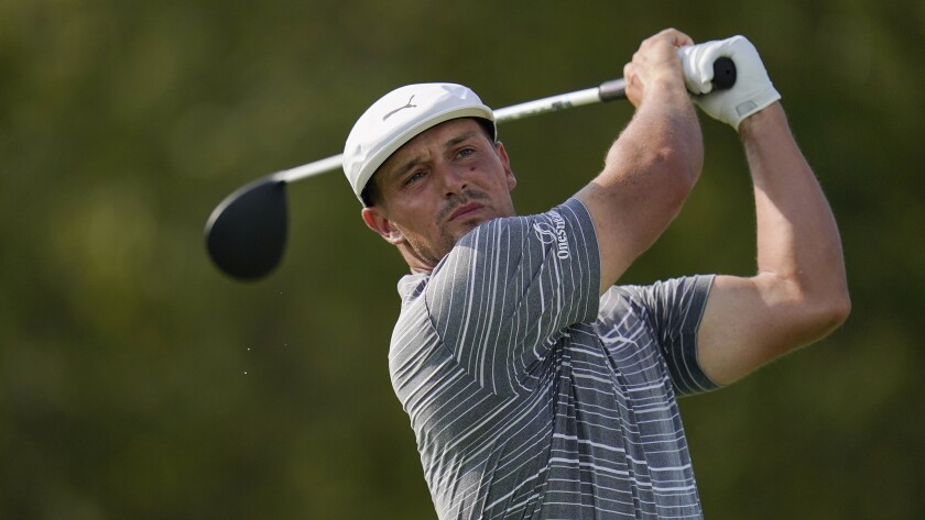 Bryson DeChambeau hits a drive during the second round of the BMW Championship on Aug. 27, 2021, in Owings Mills, Md.