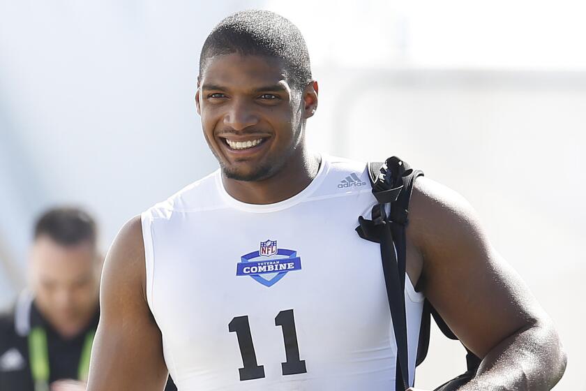 Defensive end Michael Sam arrives at the NFL Veterans Combine in Tempe, Ariz., on March 22.