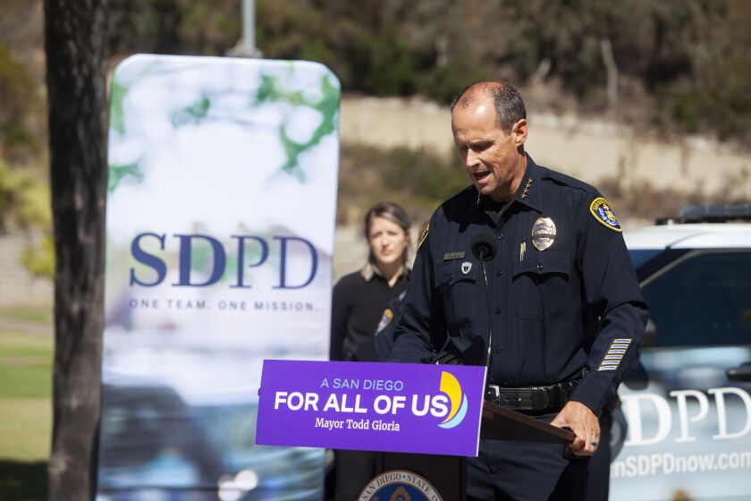 San Diego, CA - August 02: San Diego Police Chief David Nisleit speaks at a press conference about an upcoming event that highlights opportunities for women at the San Diego Police Department in San Diego, CA. (Brittany Cruz-Fejeran / The San Diego Union-Tribune)