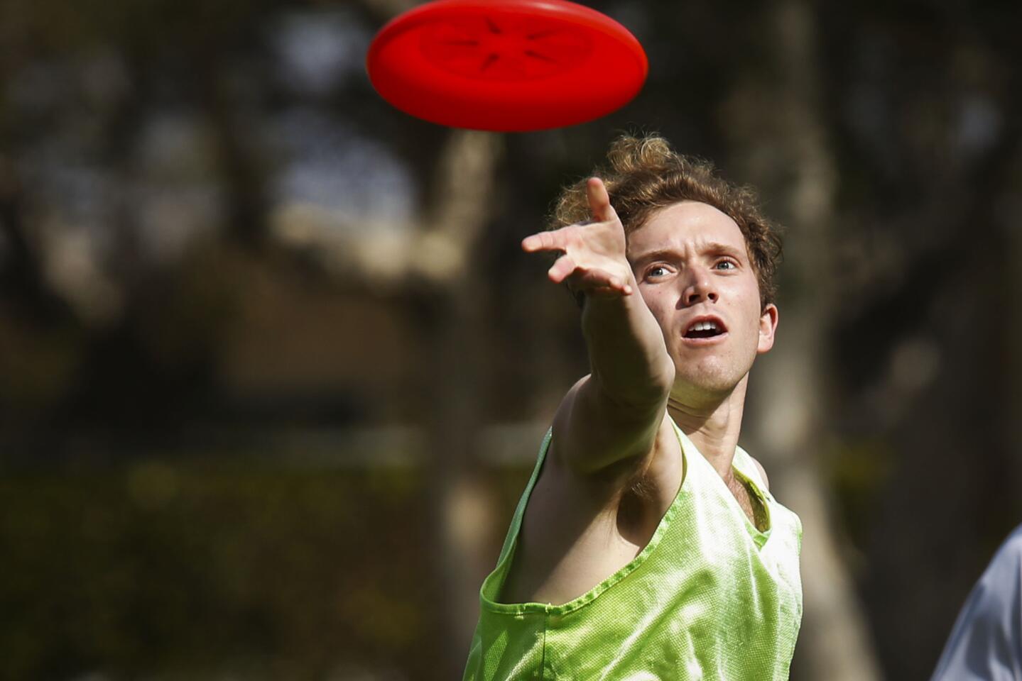 Cooper Bell passes during a weekly game of Ultimate at Point Dume Elementary School in Malibu on March 13.