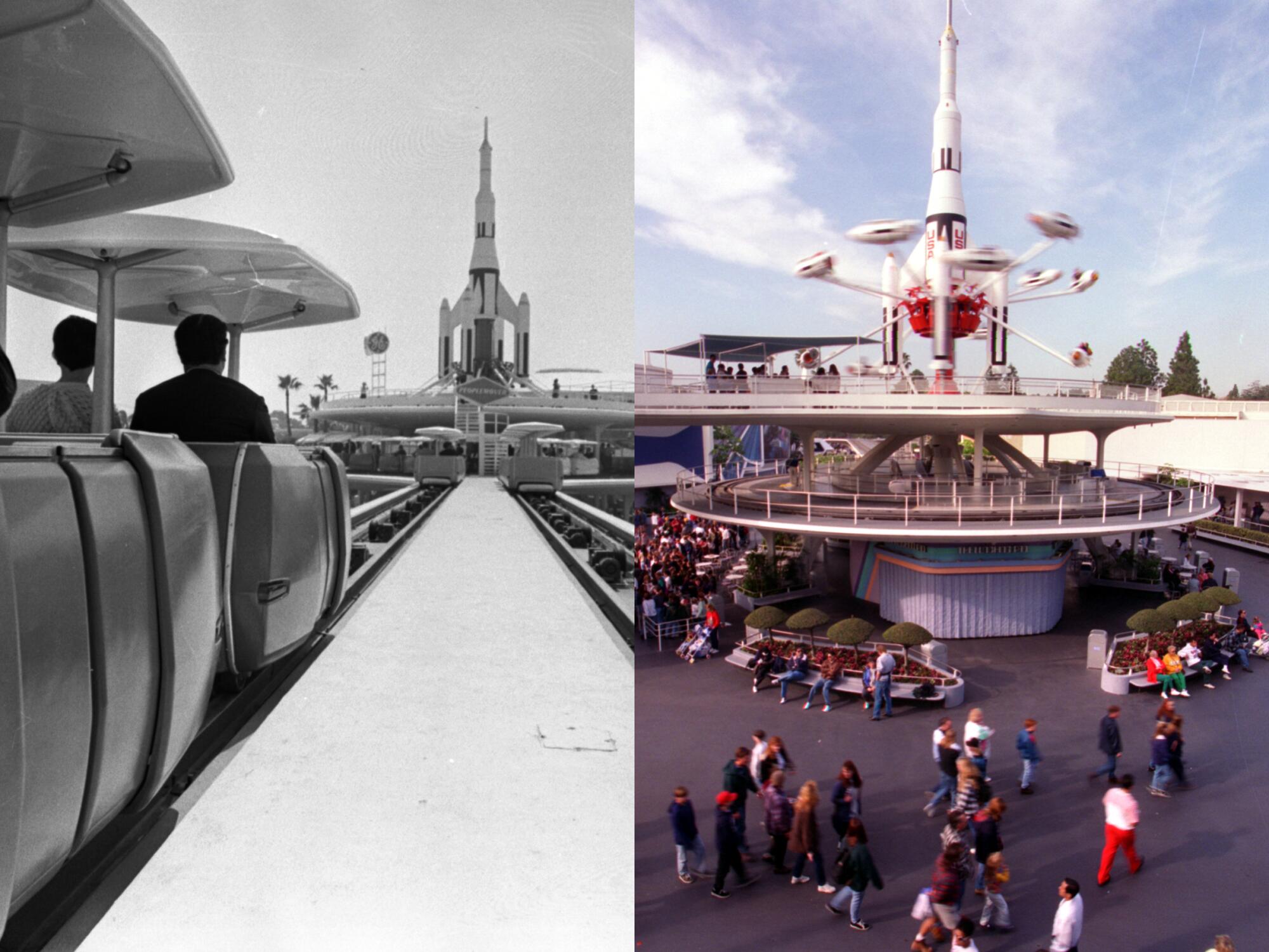Two images: an elevated tram and a ride with spinning rockets.