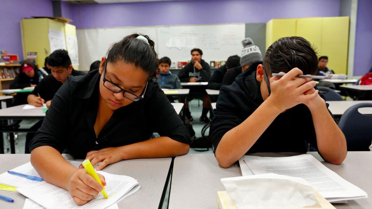 Los Angeles Unified School District students work on an exercises during a credit recovery class at Harris Newmark High School in Los Angeles on December 21, 2016.