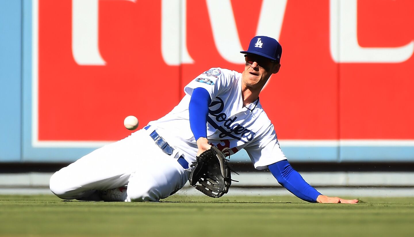 Dodgers center fielder Cody Bellinger dives but can't make the catch on a single by Brewers' Lorenzo Cain in the first inning.