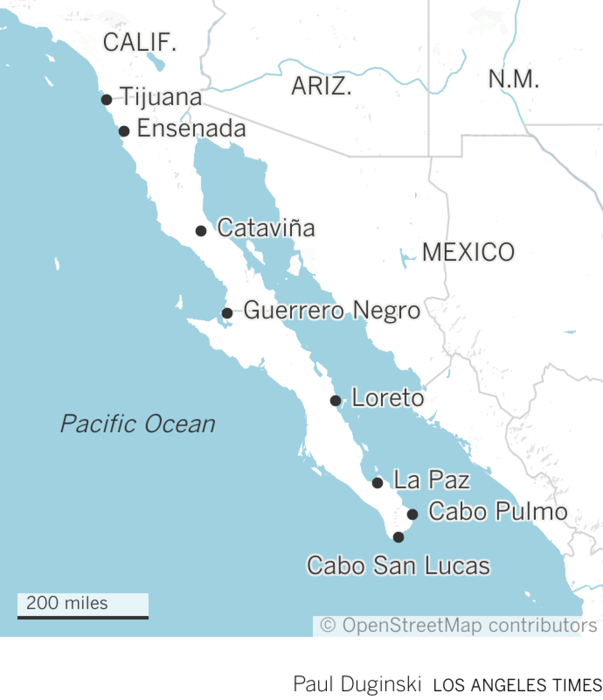 Locator map of towns in Baja California, Mexico.