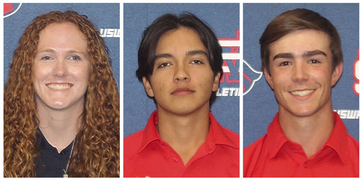 This combo of undated photos provided by the University of the Southwest, shows from left, golfers Karisa Raines, Mauricio Sanchez and Tiago Sousa. All three were killed in a fiery, head-on collision in West Texas, Tuesday evening, March 15, 2022. (University of the Southwest via AP)