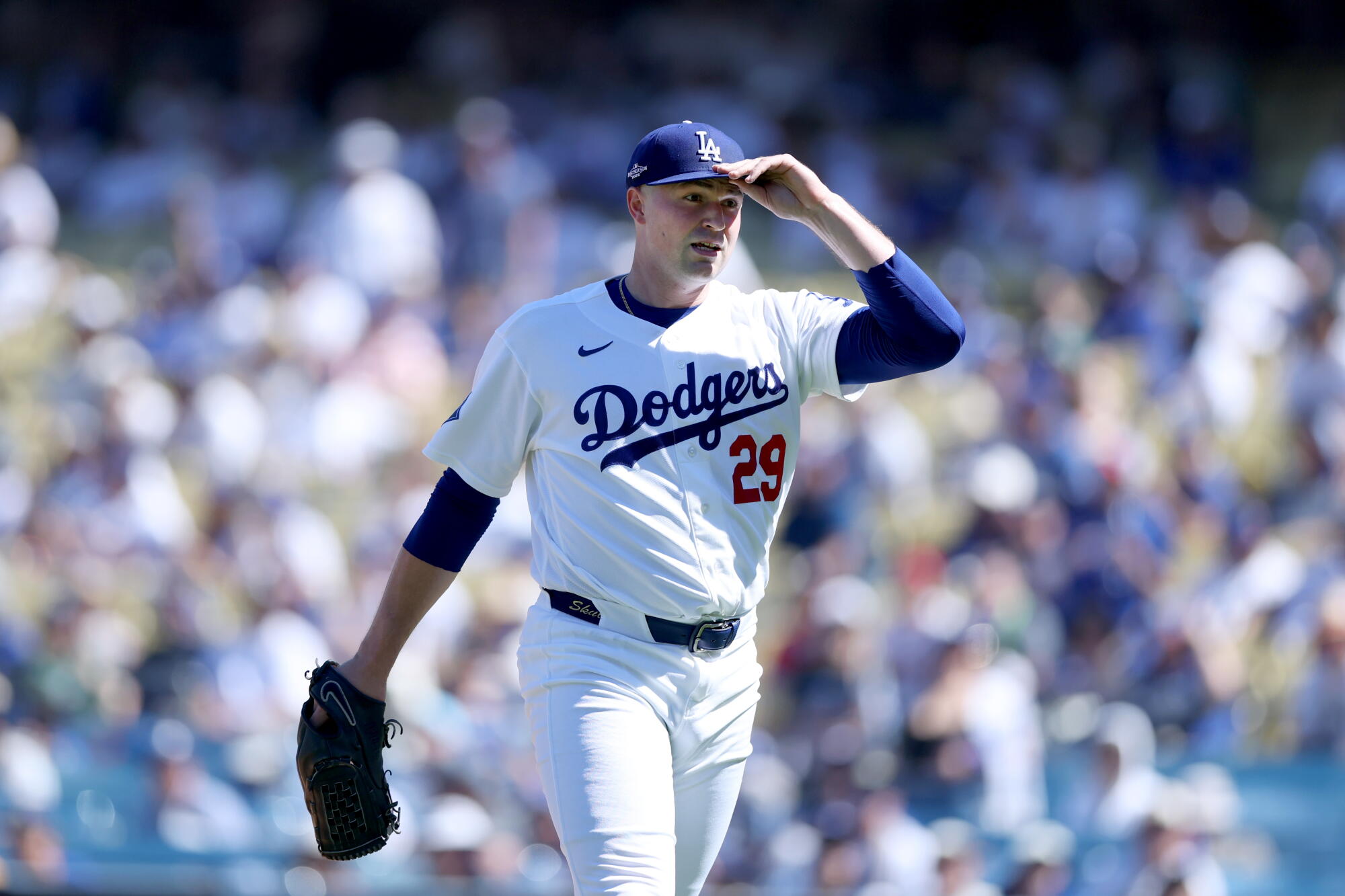 Dodgers pitcher Tarik Skubal walks disconnected the section during Game 1 of the NLDS.