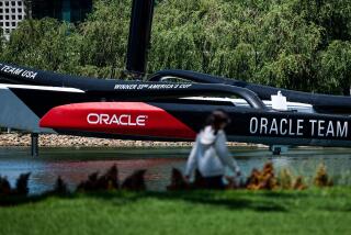 The Oracle Team USA racing yacht outside the company's offices in Redwood City, California.
