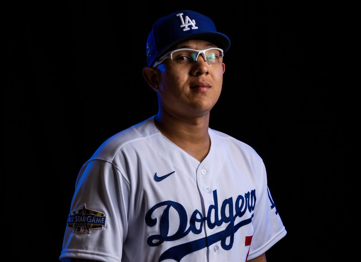 Dodgers pitcher Julio Urías poses for a portrait during spring training photo day at Camelback Ranch on Feb. 20, 2020.