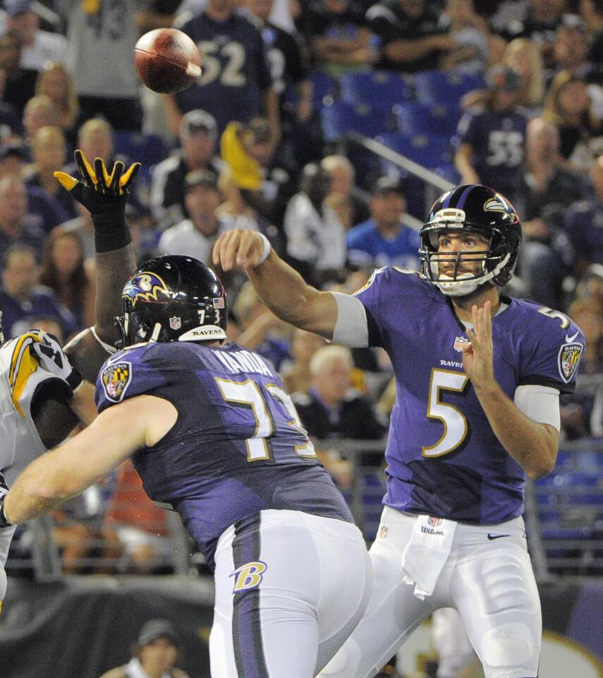 Pass protection for Joe Flacco was pretty good, and the Ravens got movement from both tackles, Eugene Monroe and Rick Wagner. Right guard Marshal Yanda, pictured left, played well and got movement at the point of attack. Left guard Kelechi Osemele struggled, especially in short-yardage situations. The Ravens didn't give up and sacks or quarterback hits. Grade: C+