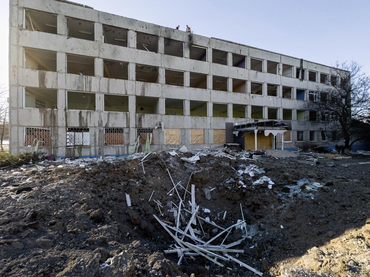 College building damaged by a Russian rocket attack in Kramatorsk, Ukraine