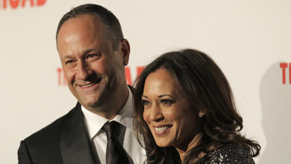 Kamala Harris with husband Douglas Emhoff on the red carpet at the Broad museum's opening gala in 2015.