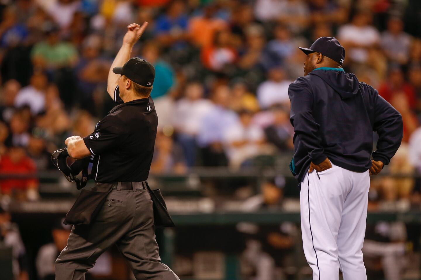 Mariners manager Lloyd McClendon is ejected by home plate umpire Toby Basner in the eighth inning.
