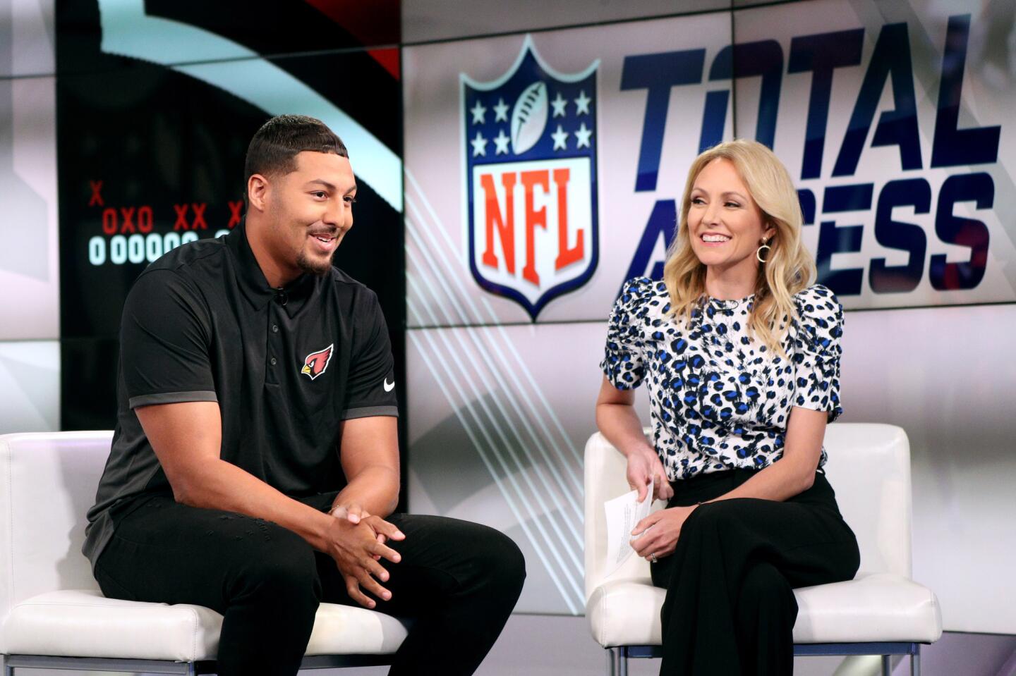 Mr. Irrelevant Caleb Wilson, the last player chosen in the 2019 NFL Draft by the Arizona Cardinals, is interviewed by NFL Total Access host Lindsay Rhodes at NFL Network in Culver City on Tuesday.