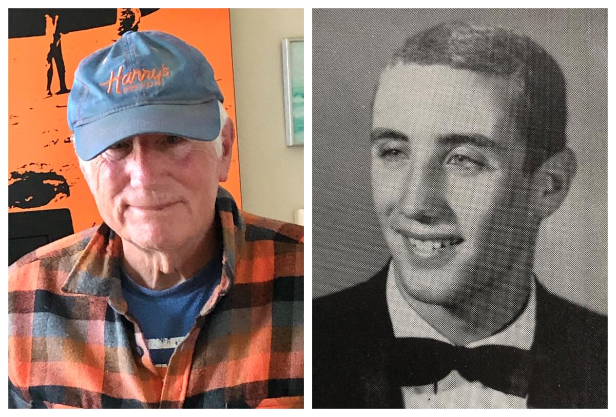 Alan Segal is pictured at left in his Harry's Coffee Shop hat and at right in his senior yearbook from 1962.