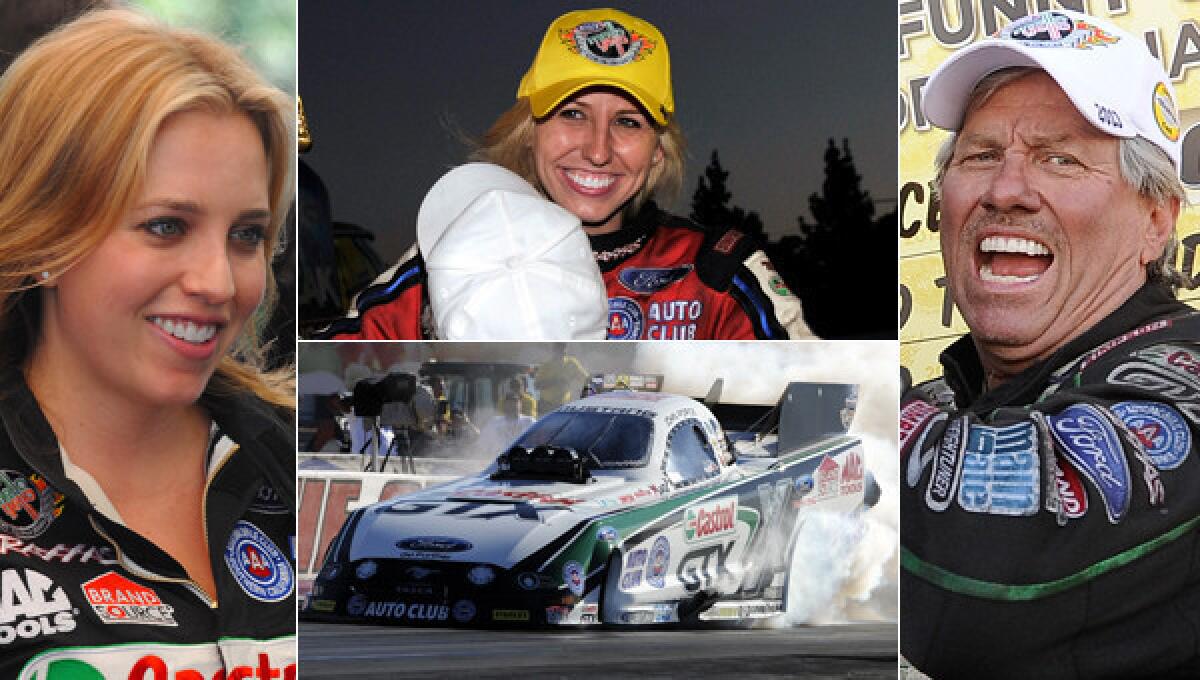 Brittany Force, left, sister Courtney Force, top, and father John Force each have played prominent roles in promoting the sport of drag racing.