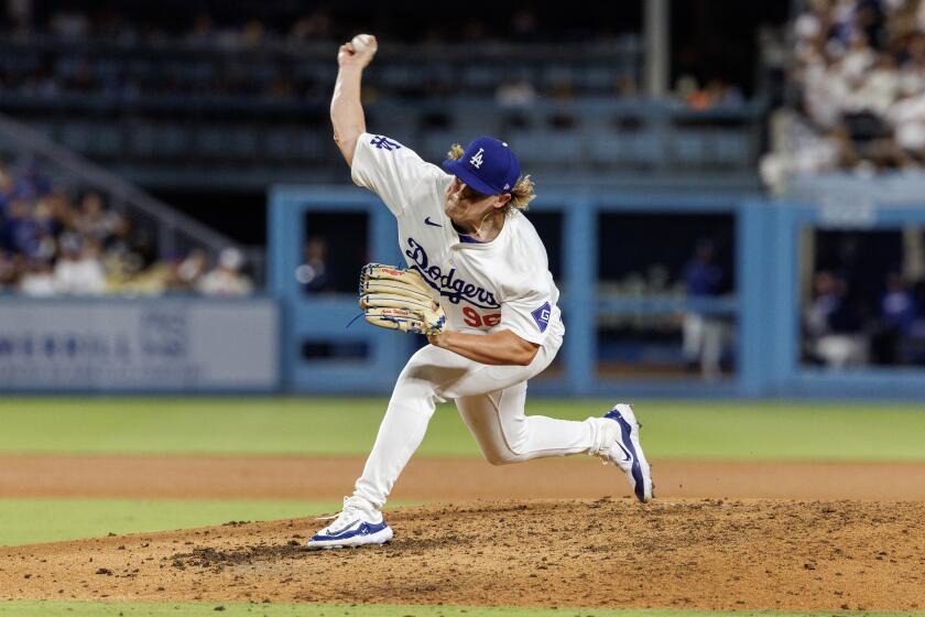 LOS ANGELES, CA - JULY 23, 2024: Los Angeles Dodgers pitcher Landon Knack (96) pitches against the San Francisco Giants in the fifth inning at Dodgers Stadium on July 23, 2024 in Los Angeles, California.(Gina Ferazzi / Los Angeles Times)
