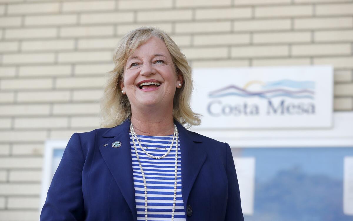 Orange County Supervisor Katrina Foley in front of Costa Mesa City Hall in 2020.