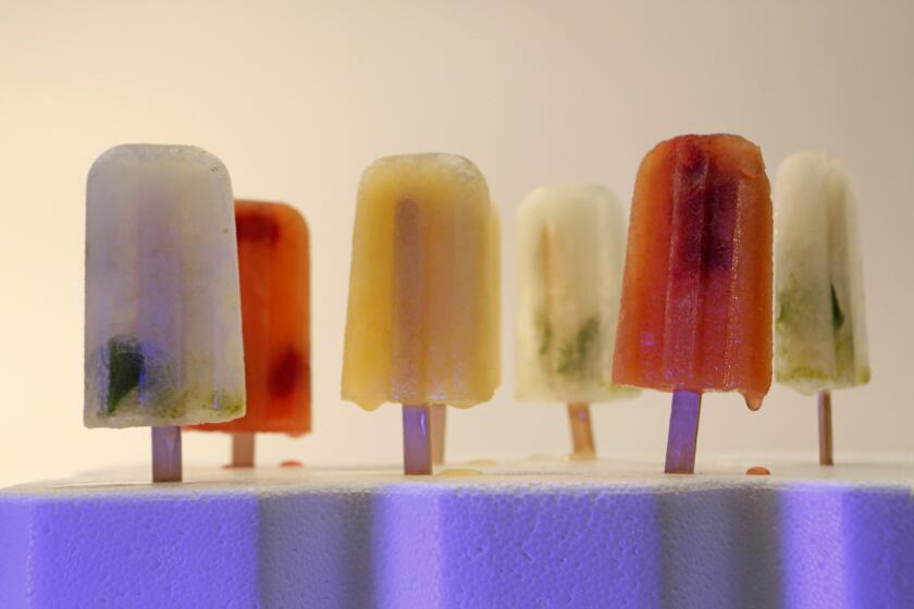 Cocktail popsicles. Left to right: Mojito popsicle, Peach sangria popsicle, Margarita popsicle, Mojito popsicle, Peach sangria popsicle, and Mojito popsicle photographed in the Los Angeles Times studio on August 26, 2015.