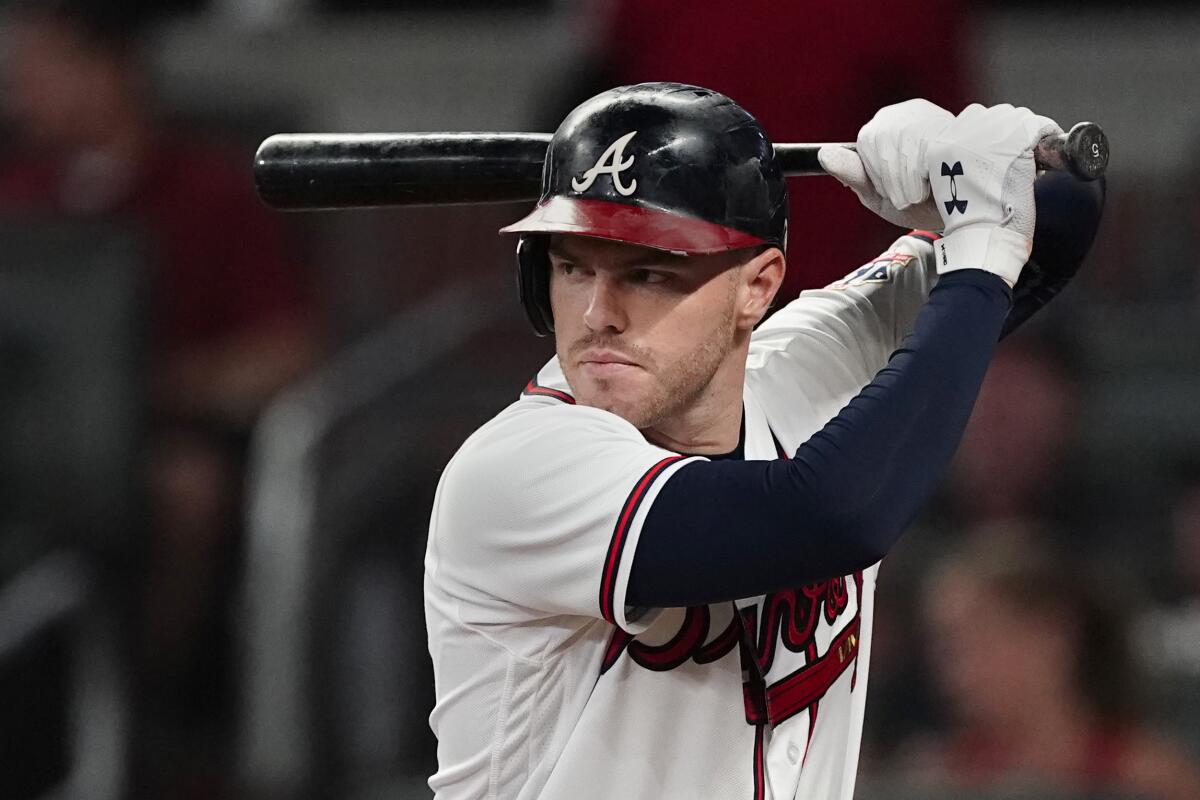 Freddie Freeman bats for the Atlanta Braves during a game against the Philadelphia Phillies in September.