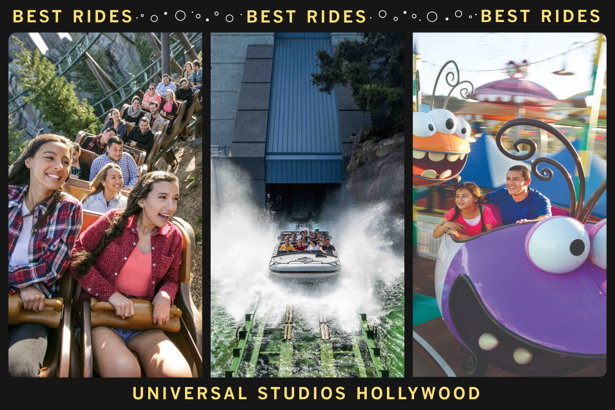 Triptych of people on a roller coaster, splashy boat ride and insect-shaped Silly Swirly cars at Universal Studios Hollywood