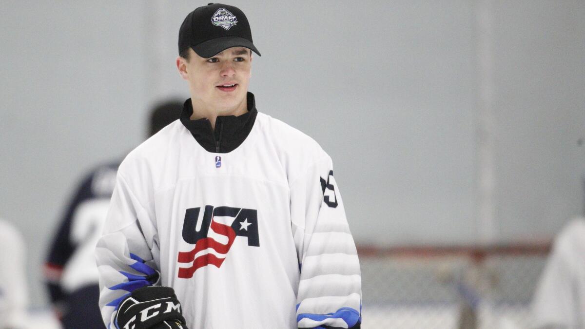Alex Turcotte pauses during the top prospects clinic Thursday in preparation for the NHL draft in Vancouver, Canada. The Kings took the center Friday with the fifth pick.