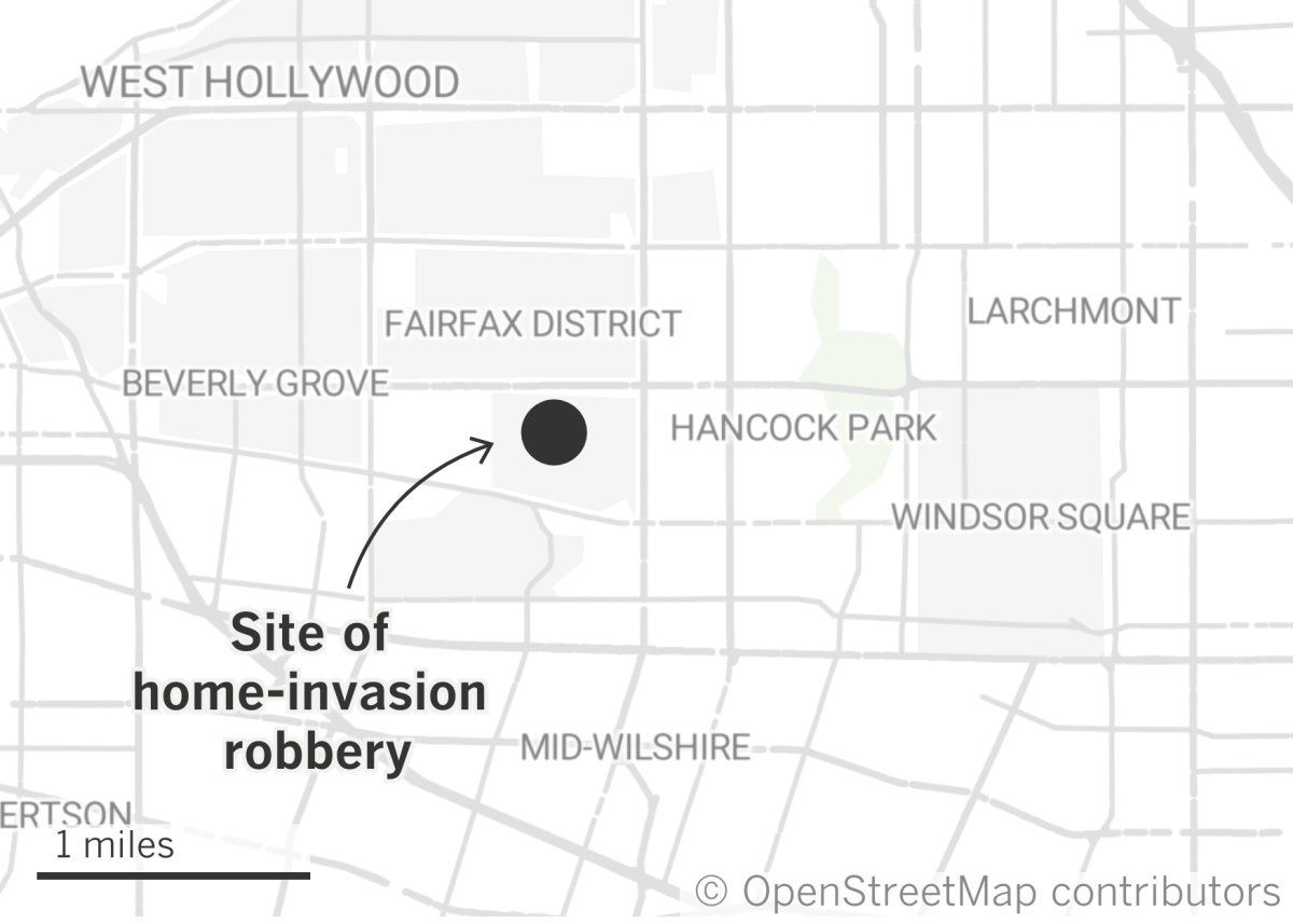 Map shows location of home-invasion robbery in the Fairfax district in central Los Angeles