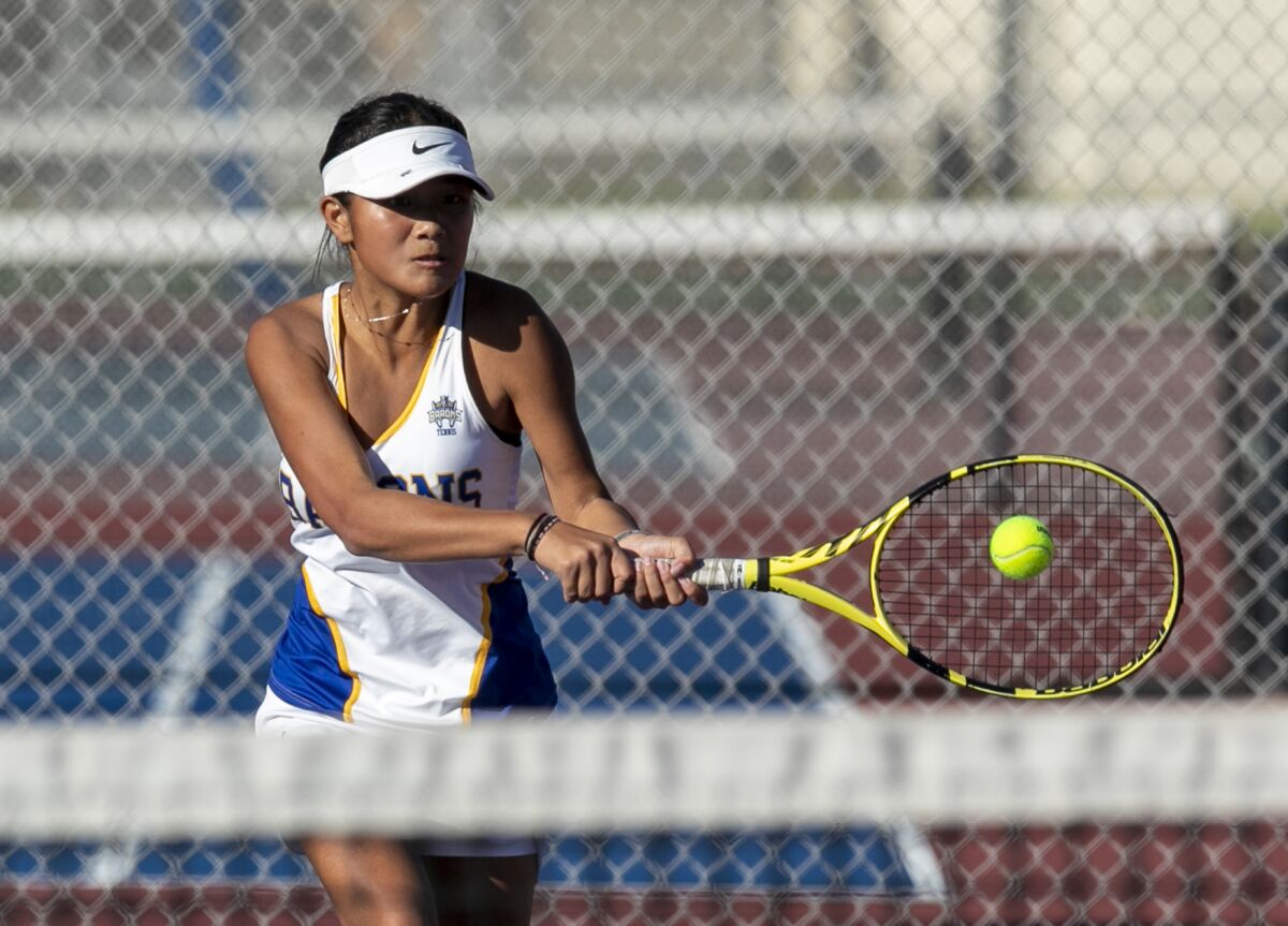 Fountain Valley's Jasylyn Nguyen returns a backhand in a CIF Division 2 girls' tennis semifinal match on Thursday.