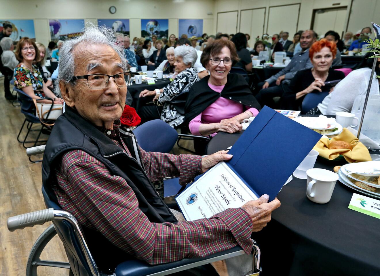 The non-profit Golden Age Foundation hosted a centenarian luncheon to celebrate and honor 24 people who are/will be 100 years old and older, like Victor Kambe, at Leisure World in Seal Beach on Tuesday, April 9, 2019. Mr. Kambe will turn 100 on April 21st.