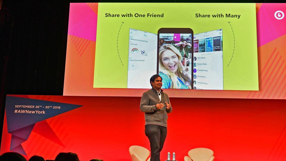 Snap Inc.'s chief strategy officer, Imran Khan, speaks onstage at the Storytelling in the age of Snapchat panel at the Town Hall during Advertising Week New York on September 26, 2016.