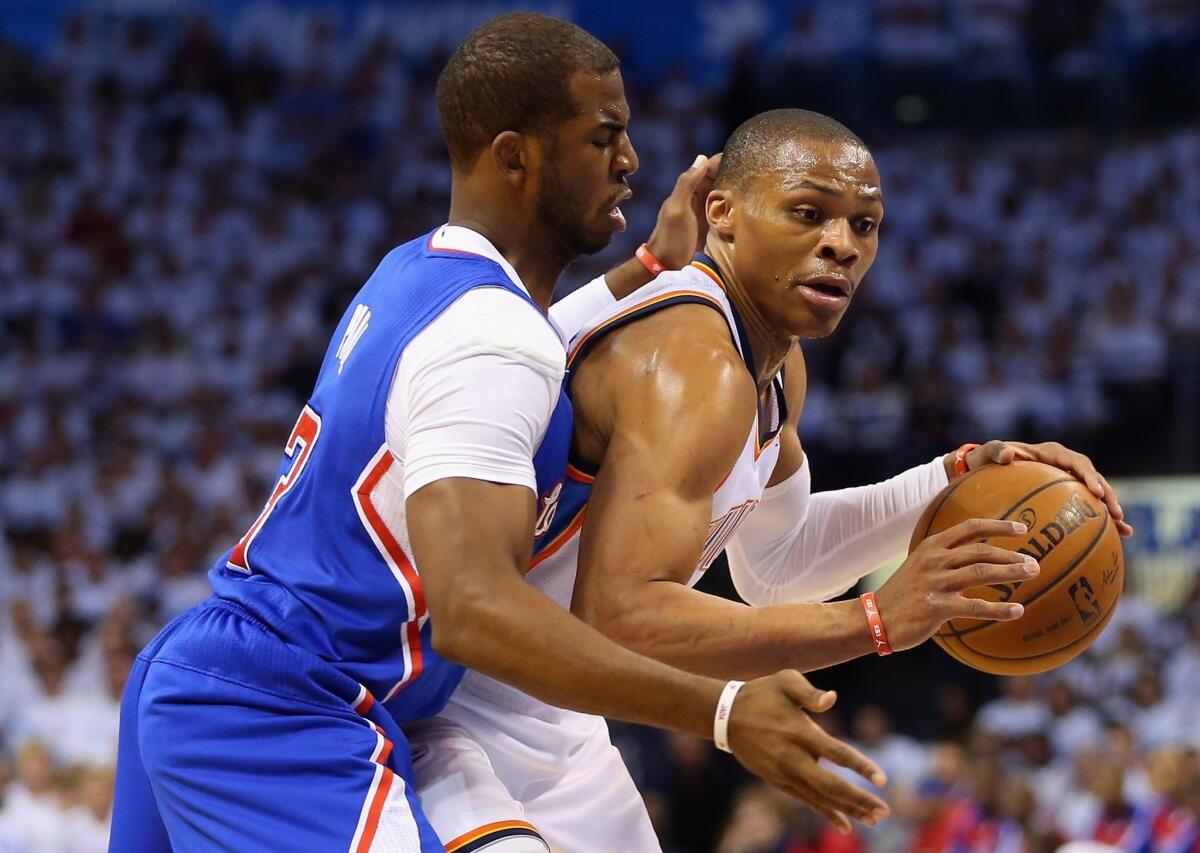 Chris Paul guards Oklahoma City's Russell Westbrook during the Western Conference semifinals.