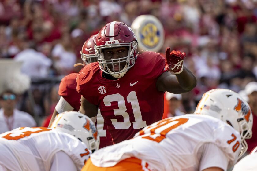 FILE - Alabama linebacker Will Anderson Jr. (31) lines up against Mercer during the first half of an NCAA college football game, Saturday, Sept. 11, 2021, in Tuscaloosa, Ala. Anderson was selected to The Associated Press Midseason All-America team, announced Tuesday, Oct. 19, 2021. (AP Photo/Vasha Hunt, File)