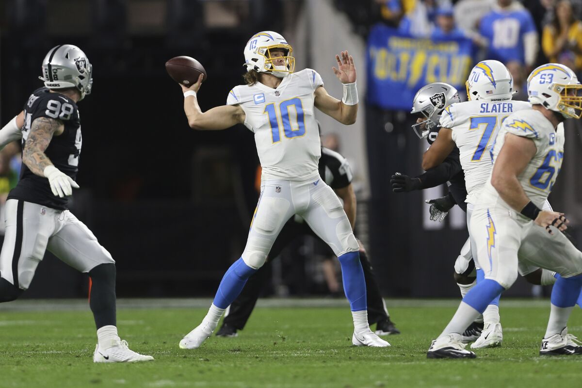 Los Angeles Chargers quarterback Justin Herbert throws against the Las Vegas Raiders on Sunday.