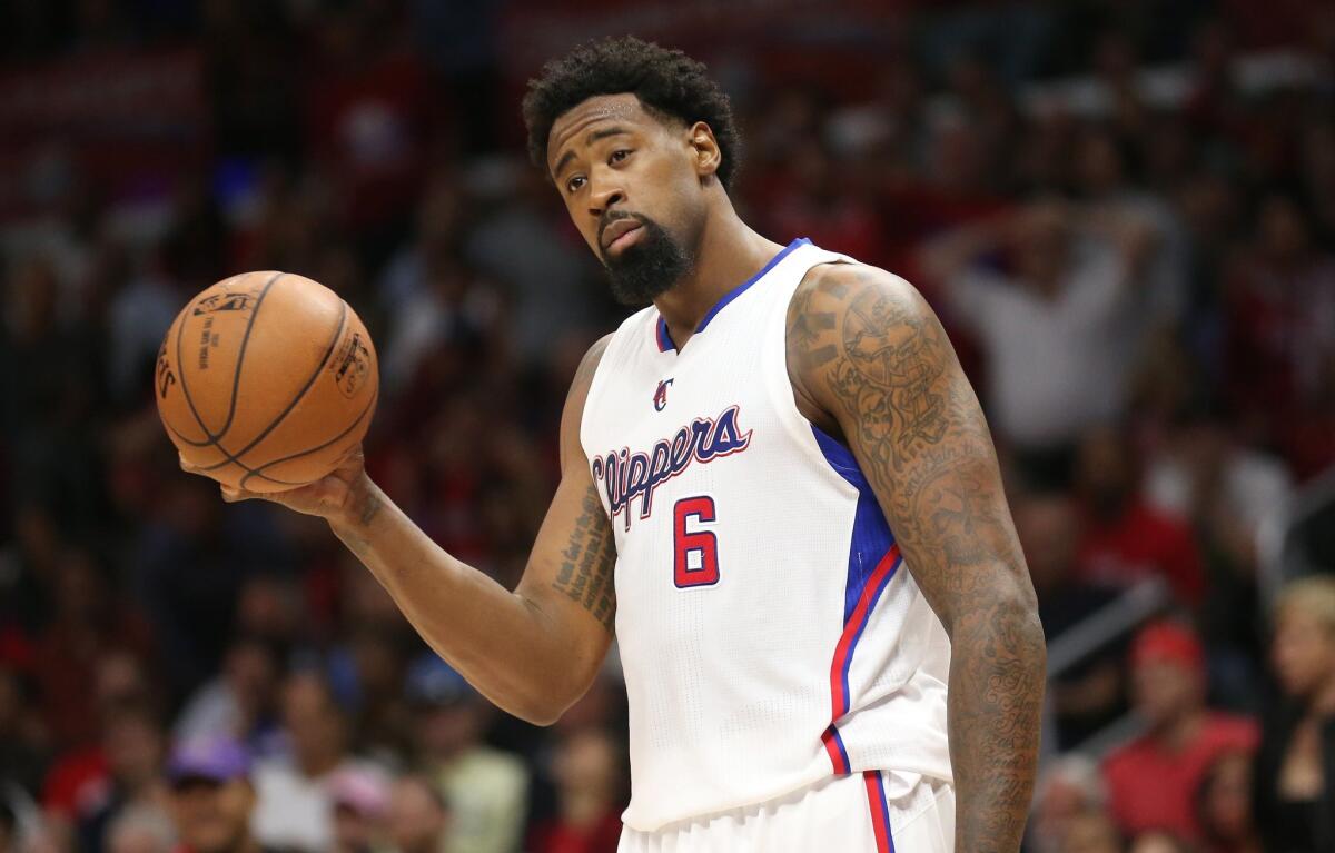 Clippers center DeAndre Jordan reacts after being called for a foul during a playoff game against the Spurs.