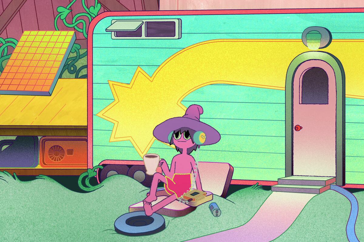 A cartoon figure with headphones on suns himself outside a trailer