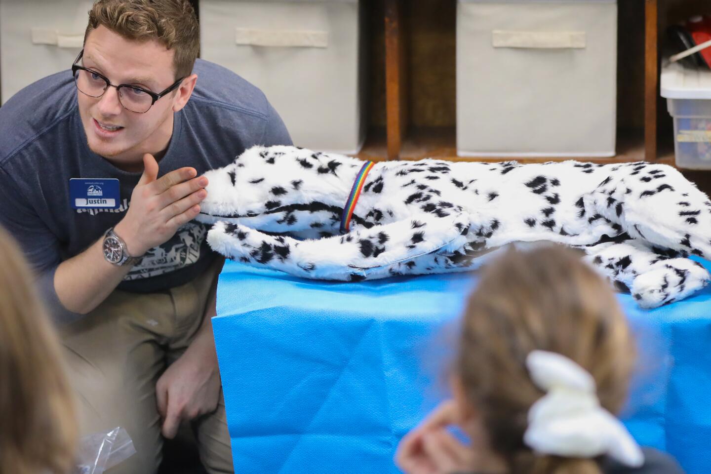 Justin Norris, education coordinator at the Helen Woodward Animal Center, discusses the process of canine CPR, during the one-day veterinarian camp, February 8, in Rancho Santa Fe.