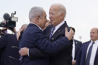 FILE - President Joe Biden is greeted by Israeli Prime Minister Benjamin Netanyahu after arriving at Ben Gurion International Airport, on Oct. 18, 2023, in Tel Aviv. Biden's administration keeps pressing Israel for better treatment of Palestinians. Netanyahu mostly keeps saying no. That cycle seems unlikely to end, despite U.S. Secretary of State Antony Blinken's fourth urgent diplomatic trip this week to the Middle East since the Israel-Hamas war started. (AP Photo/Evan Vucci)