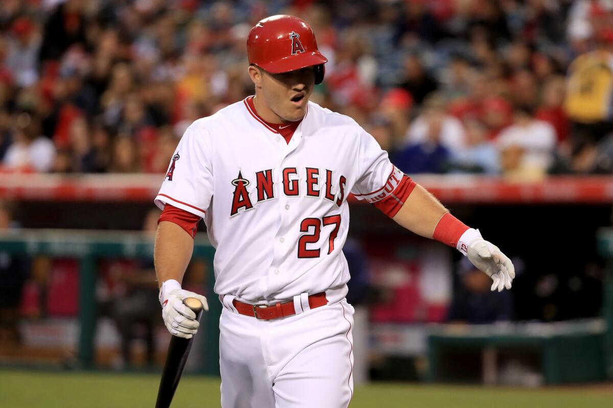 Angels outfielder Mike Trout reacts after striking out during the first inning of a game against the Rays on May 6.