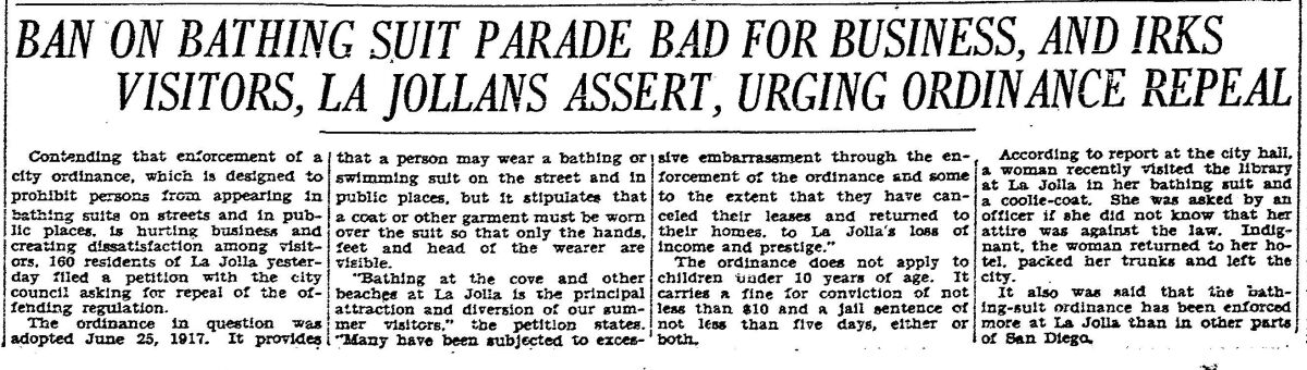 "Ban on bathing suit parade bad for business..." headline on the front page of The San Diego Union, June 6, 1931.