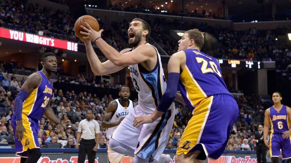 Memphis center Marc Gasol goes up to the basket against Lakers center Timofey Mozgov during the second half of a game on Dec. 3.