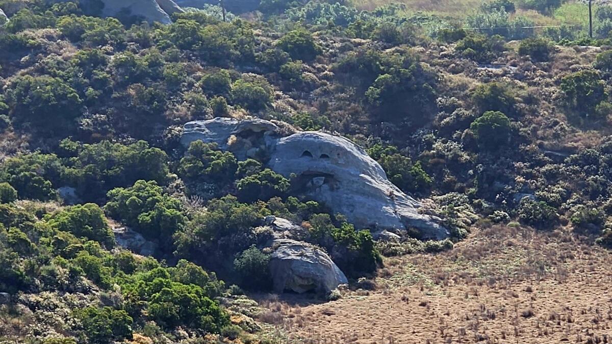 A large rock on a hillside resembles a face in the middle.